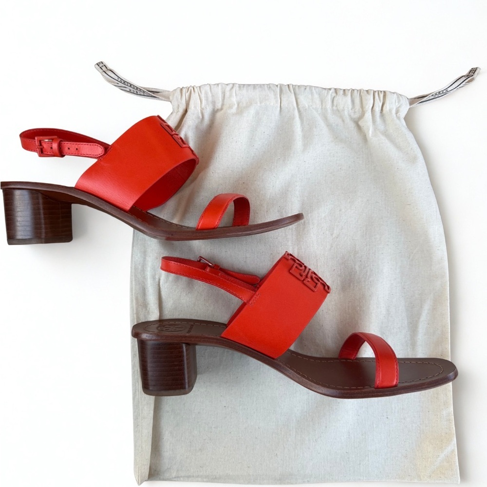 NWOB TORY BURCH Double T City Sandal Red Leather Block Heel 11M + Dust Bag - Picture 5 of 7